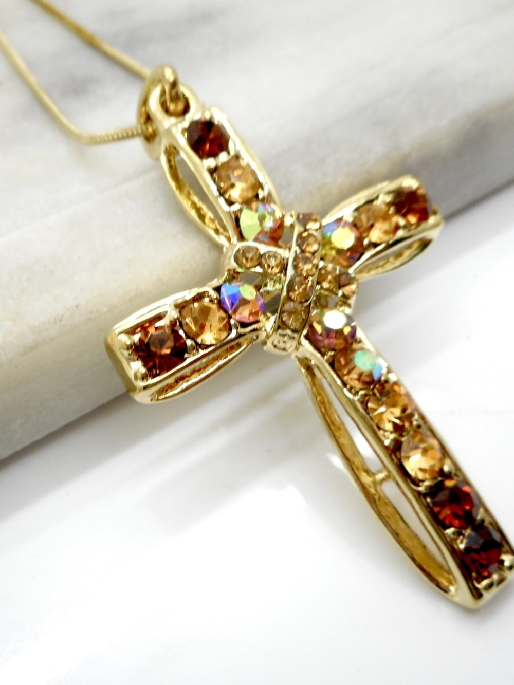 Large Cross Necklace Quality Amber Crystals Gold Plated